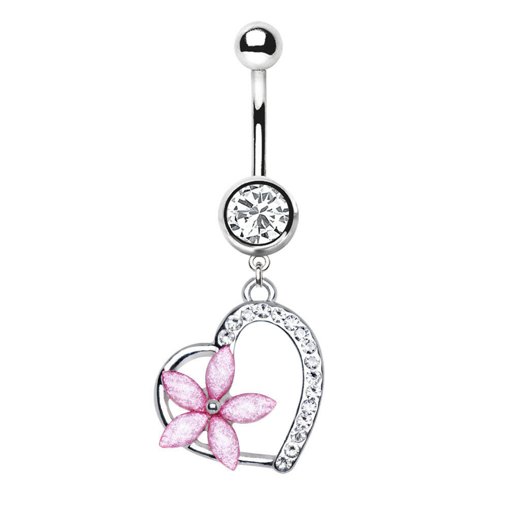 Stainless Steel Pink Flower on a Heart Dangle Navel Ring Navel Ring Impulse Piercings