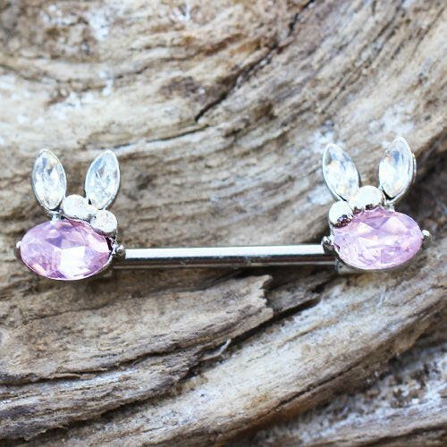 Stainless Steel Pink Gemmed Rabbit Nipple Bar