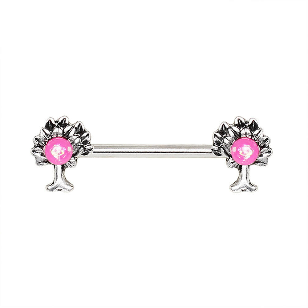 Stainless Steel Pink Synthetic Opal Tree of Life Nipple Bar Nipple Ring Impulse Piercings