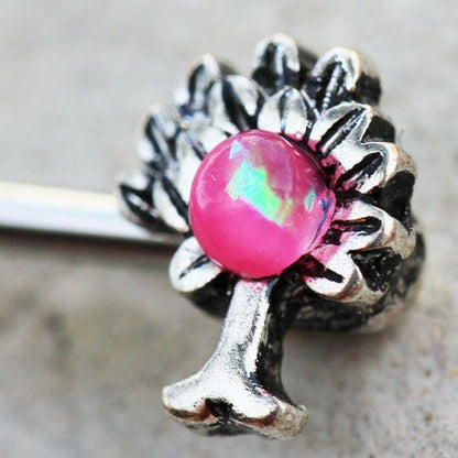 Stainless Steel Pink Synthetic Opal Tree of Life Nipple Bar Nipple Ring Impulse Piercings