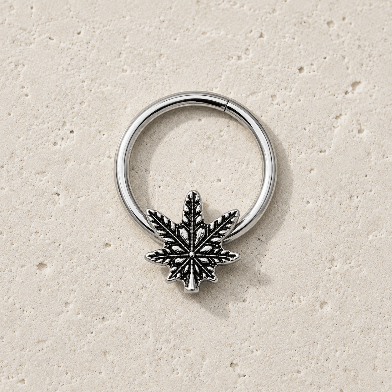 Stainless Steel Pot Leaf Captive Bead Septum Ring front view