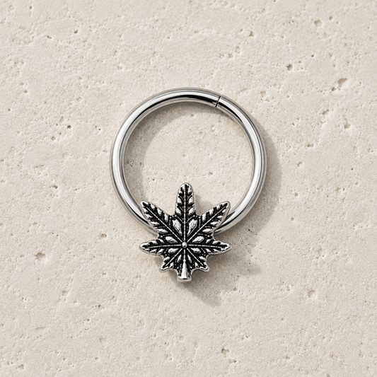 Stainless Steel Pot Leaf Captive Bead Septum Ring front view