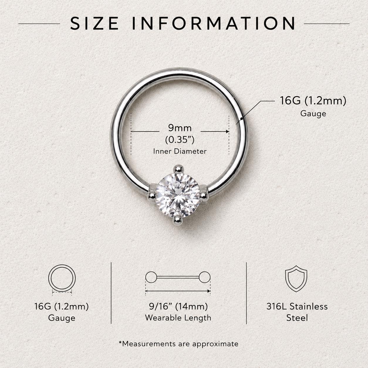 Stainless Steel Prong Set CZ Captive Bead Ring