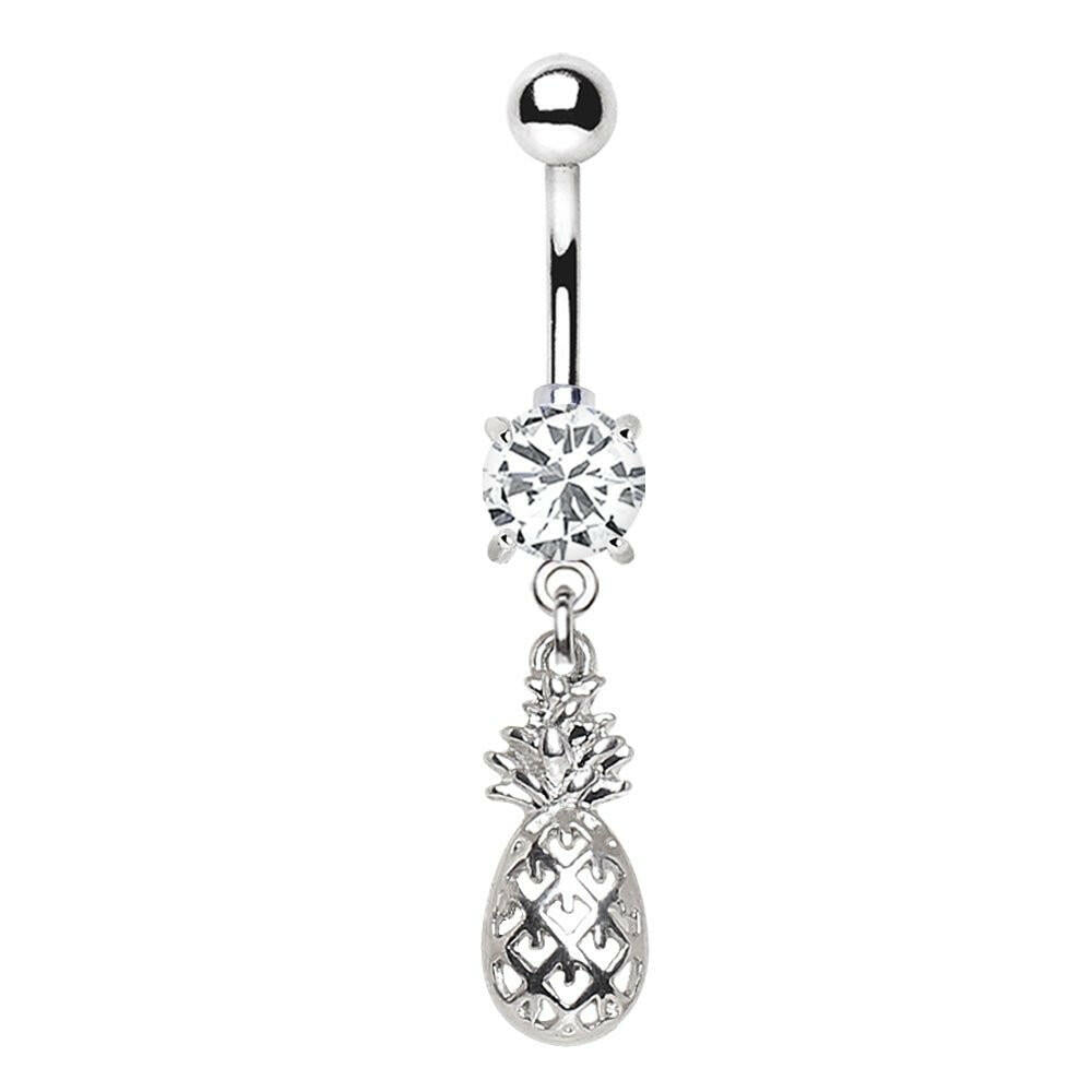 Stainless Steel Prong Set CZ Navel Ring with Pineapple Dangle