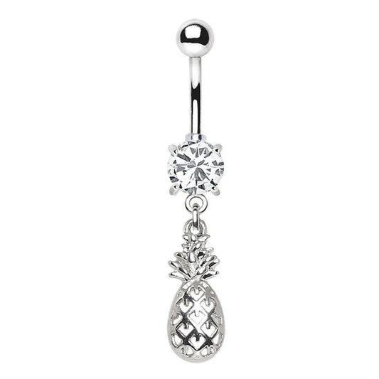 Stainless Steel Prong Set CZ Navel Ring with Pineapple Dangle