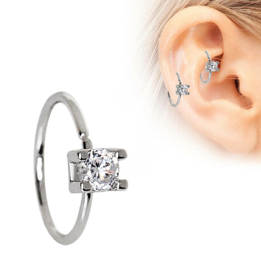 Stainless Steel Prong Set CZ Nose Hoop / Cartilage Earring