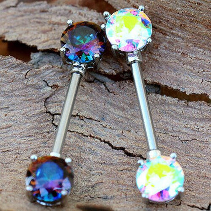 Stainless Steel Prong Set Iridescent Cubic Nipple Bar Nipple Ring Impulse Piercings