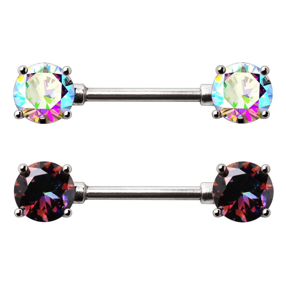 Stainless Steel Prong Set Iridescent Cubic Nipple Bar Nipple Ring Impulse Piercings Rainbow