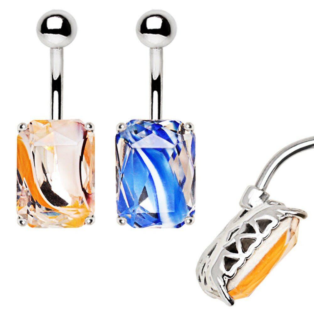 Stainless Steel Prong Set Radiant Cut Swirled Glass Navel Ring