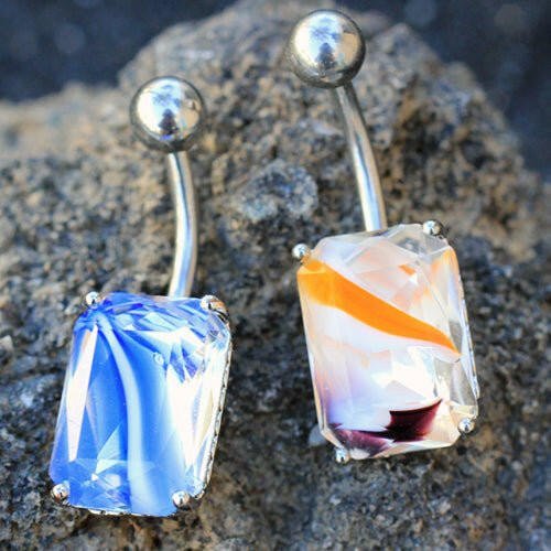 Stainless Steel Prong Set Radiant Cut Swirled Glass Navel Ring