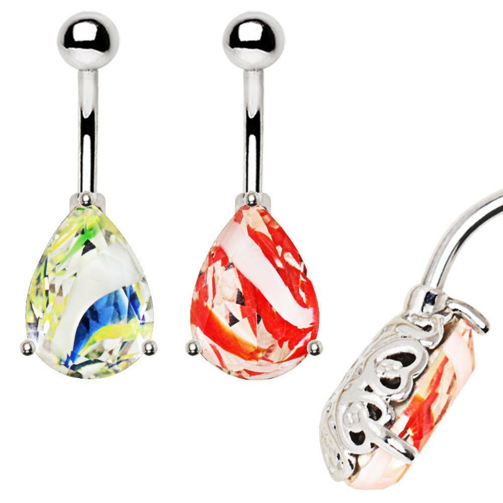 Stainless Steel Prong Set Tear Drop Swirled Glass Navel Ring