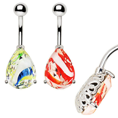 Stainless Steel Prong Set Tear Drop Swirled Glass Navel Ring