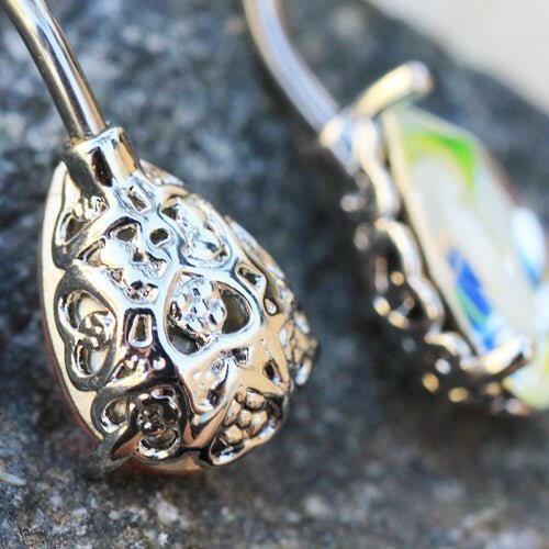 Stainless Steel Prong Set Tear Drop Swirled Glass Navel Ring