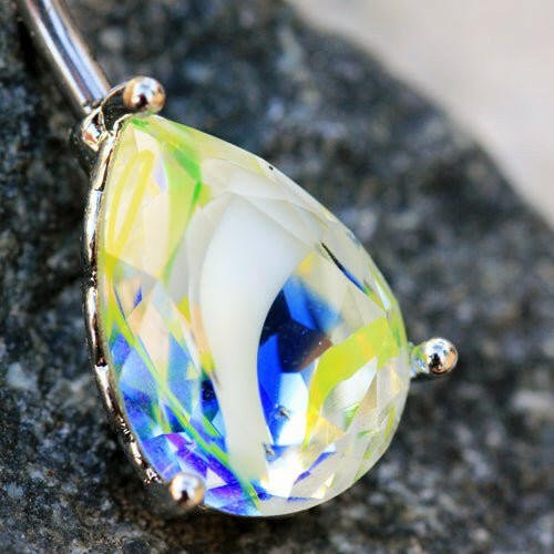 Stainless Steel Prong Set Tear Drop Swirled Glass Navel Ring