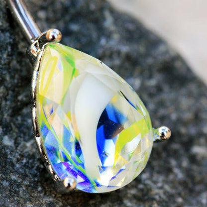 Stainless Steel Prong Set Tear Drop Swirled Glass Navel Ring