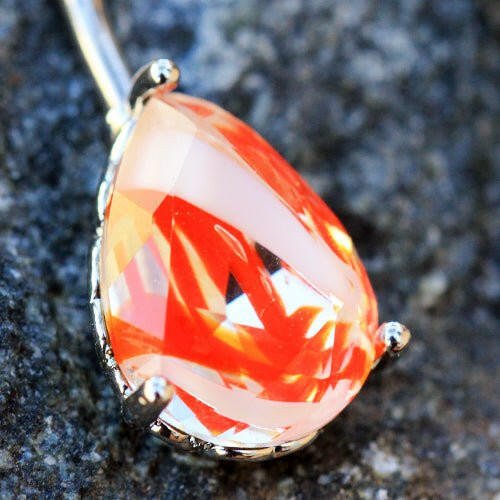 Stainless Steel Prong Set Tear Drop Swirled Glass Navel Ring