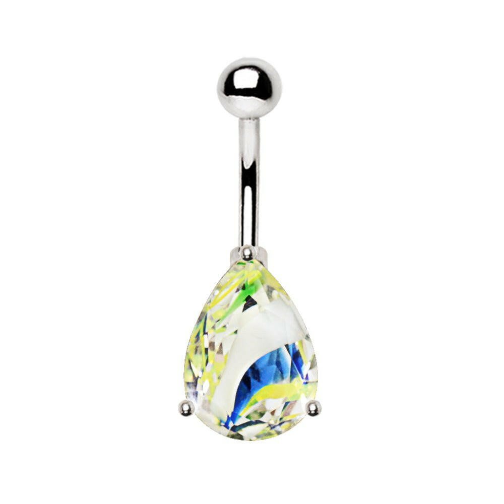 Stainless Steel Prong Set Tear Drop Swirled Glass Navel Ring
