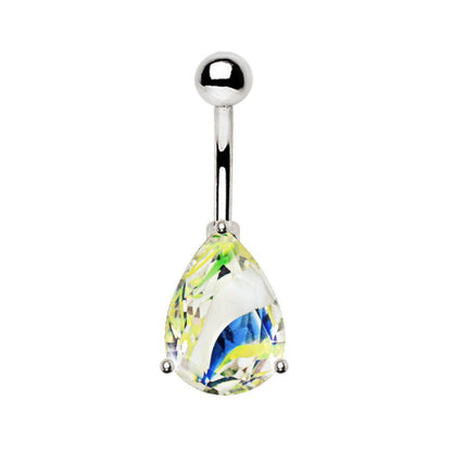 Stainless Steel Prong Set Tear Drop Swirled Glass Navel Ring