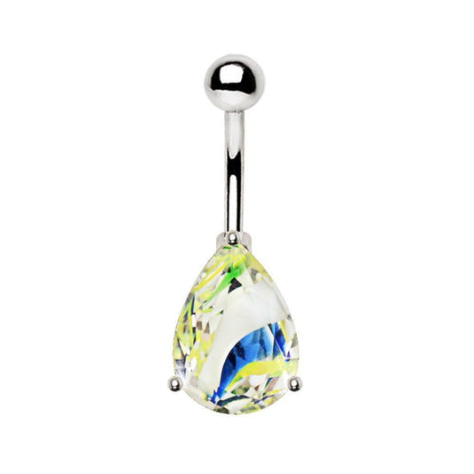 Stainless Steel Prong Set Tear Drop Swirled Glass Navel Ring