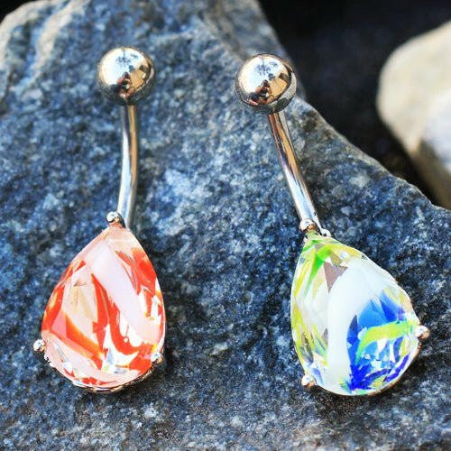Stainless Steel Prong Set Tear Drop Swirled Glass Navel Ring