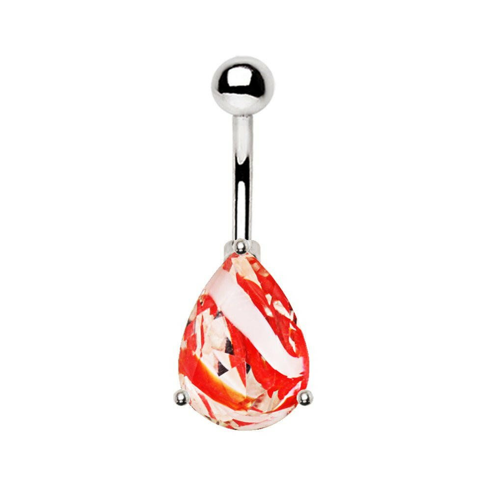 Stainless Steel Prong Set Tear Drop Swirled Glass Navel Ring