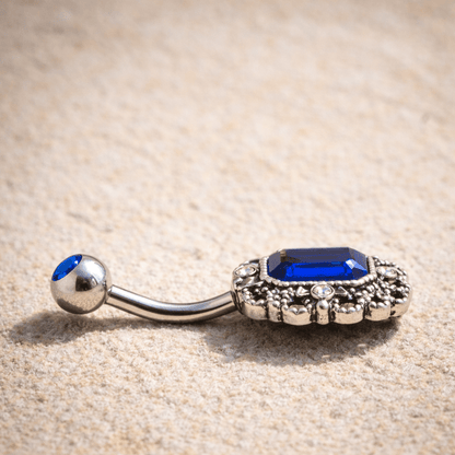 Stainless Steel Radiant Cut Sapphire Blue CZ Ornate Navel Ring - Skin Metals
