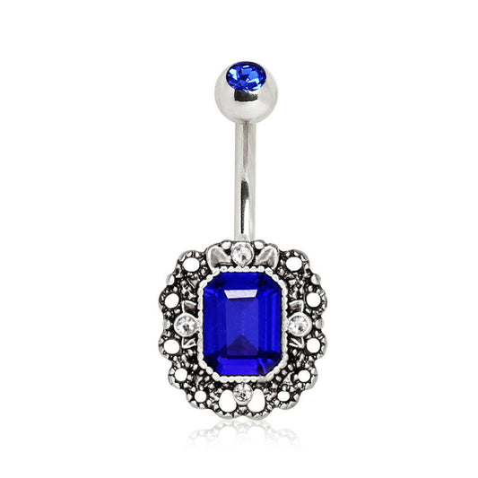 Stainless Steel Radiant Cut Sapphire Blue CZ Ornate Navel Ring Navel Ring Impulse Piercings