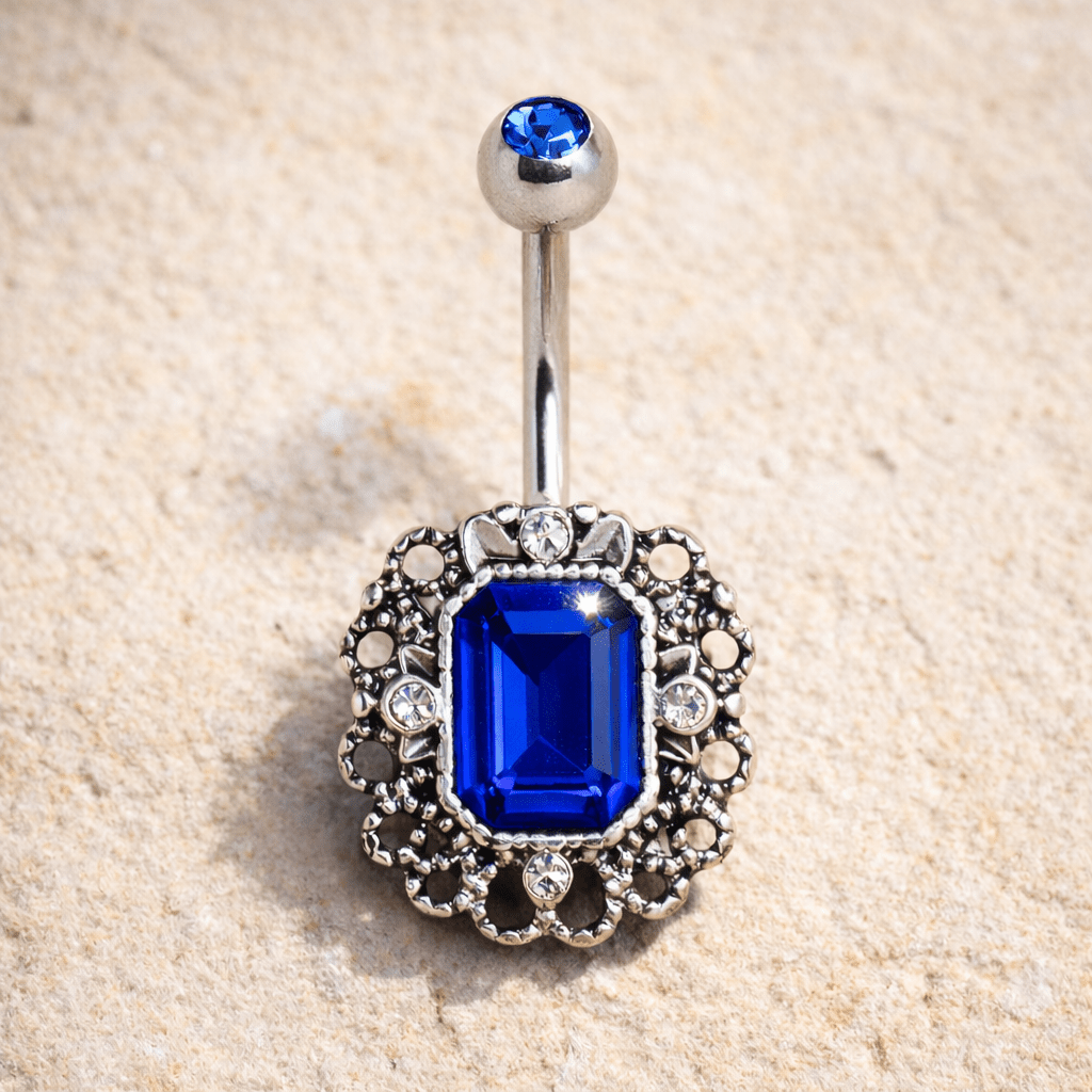 Stainless Steel Radiant Cut Sapphire Blue CZ Ornate Navel Ring - Skin Metals