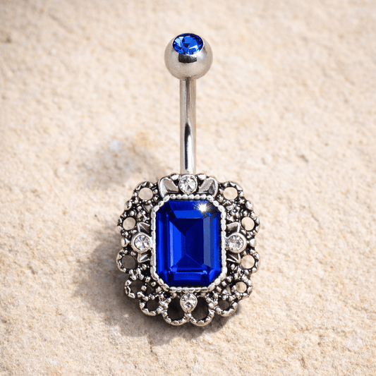 Stainless Steel Radiant Cut Sapphire Blue CZ Ornate Navel Ring