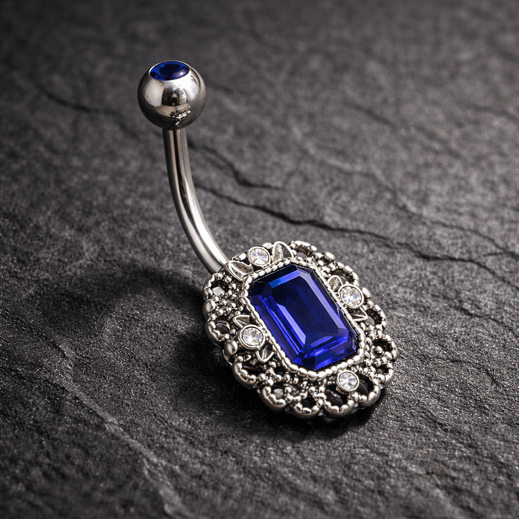 Stainless Steel Radiant Cut Sapphire Blue CZ Ornate Navel Ring - Skin Metals