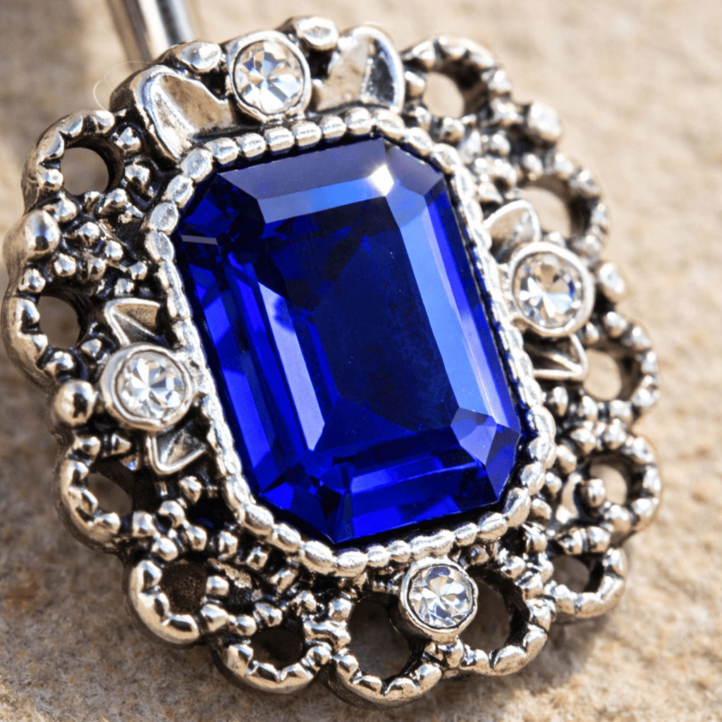 Stainless Steel Radiant Cut Sapphire Blue CZ Ornate Navel Ring - Skin Metals