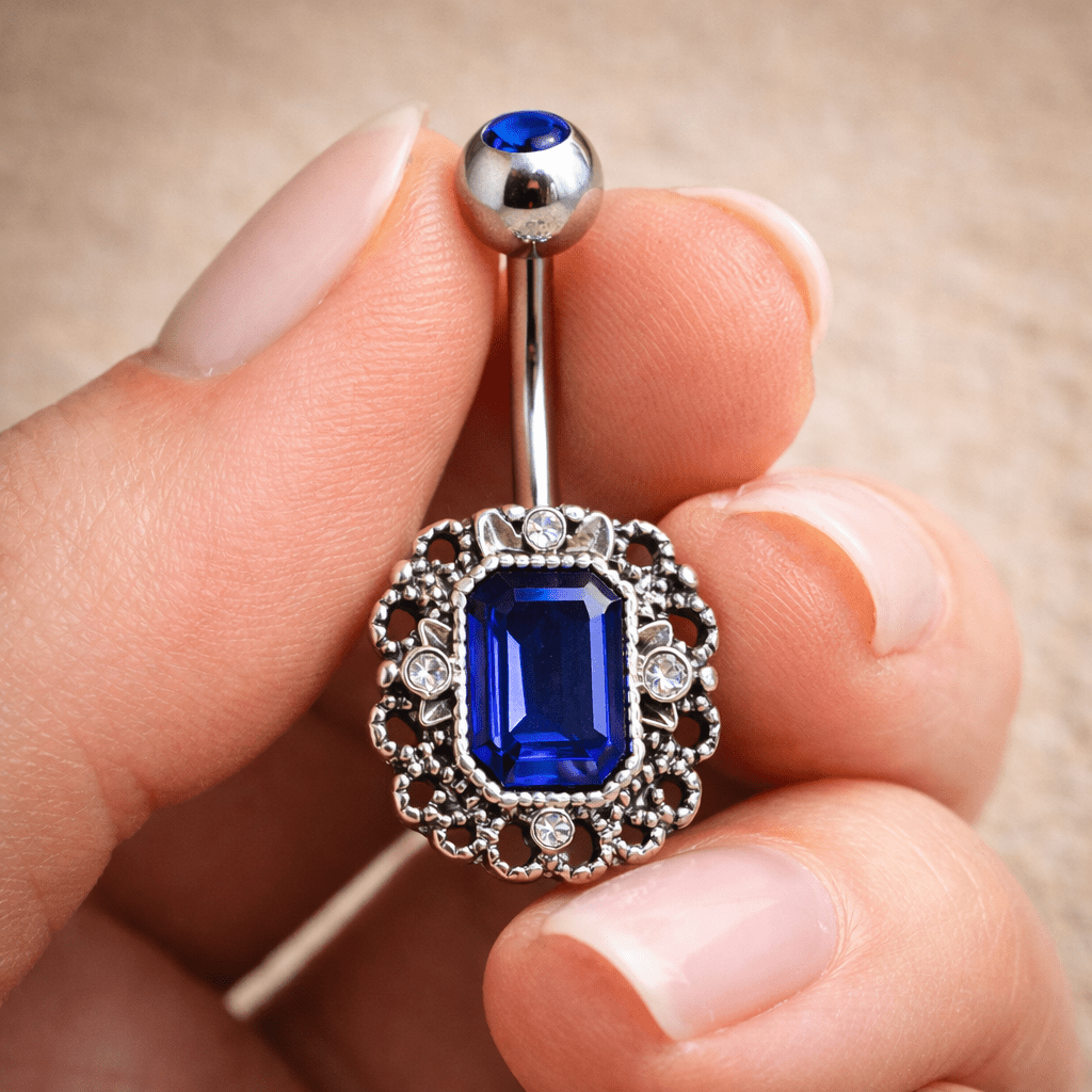 Stainless Steel Radiant Cut Sapphire Blue CZ Ornate Navel Ring - Skin Metals