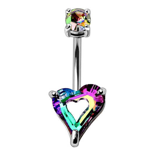 Stainless Steel Rainbow Hollow Heart CZ Navel Ring Navel Ring Impulse Piercings