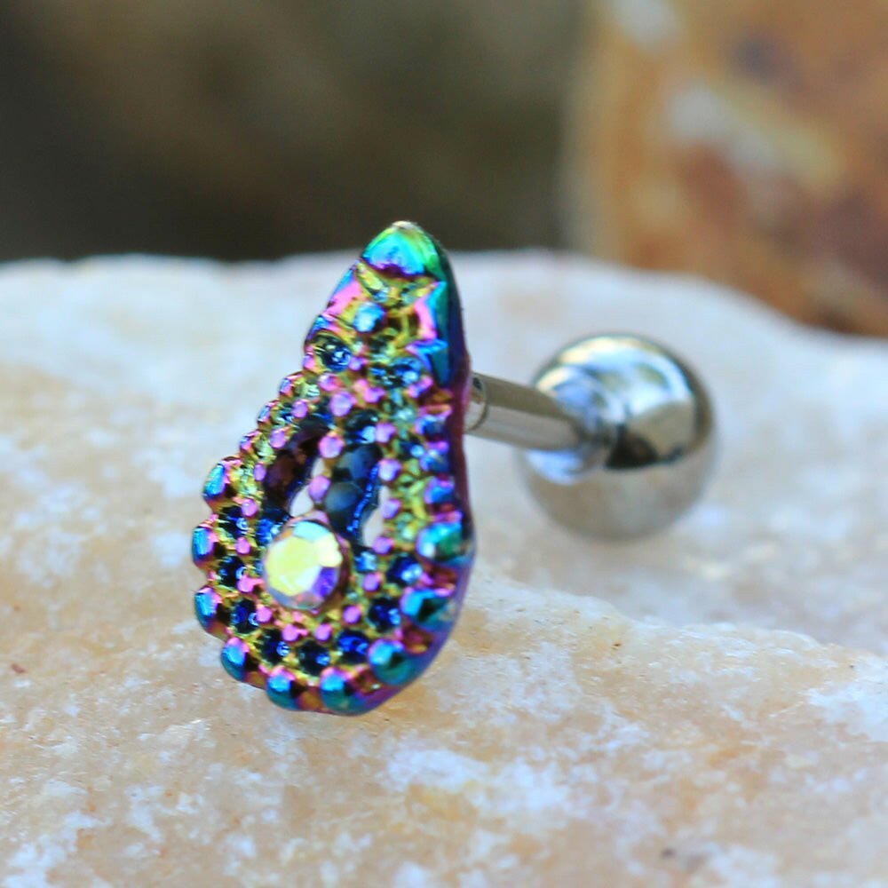 Stainless Steel Rainbow PVD Plated Teardrop Cartilage Earring