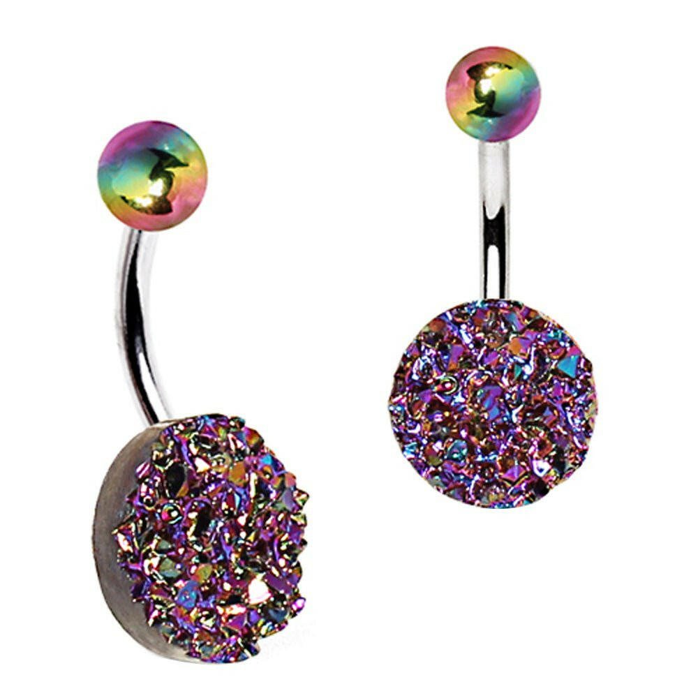 Stainless Steel Rainbow Raw Crystal Navel Ring
