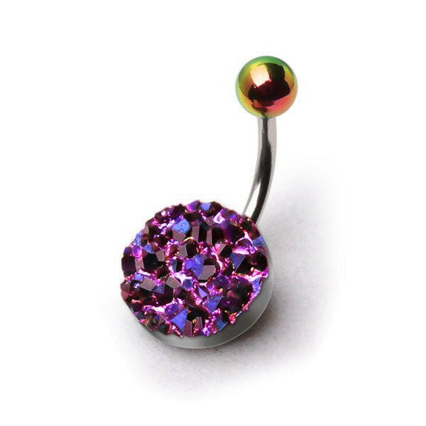 Stainless Steel Rainbow Raw Crystal Navel Ring