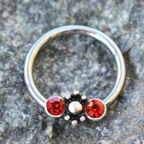 Stainless Steel Red Jeweled Ornate Snap-in Captive Bead Ring / Septum Ring Septum Ring Impulse Piercings