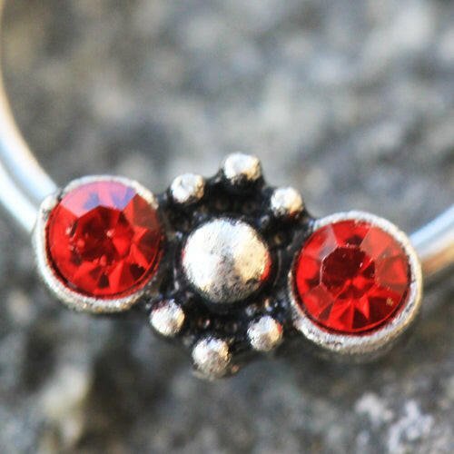 Stainless Steel Red Jeweled Ornate Snap-in Captive Bead Ring / Septum Ring