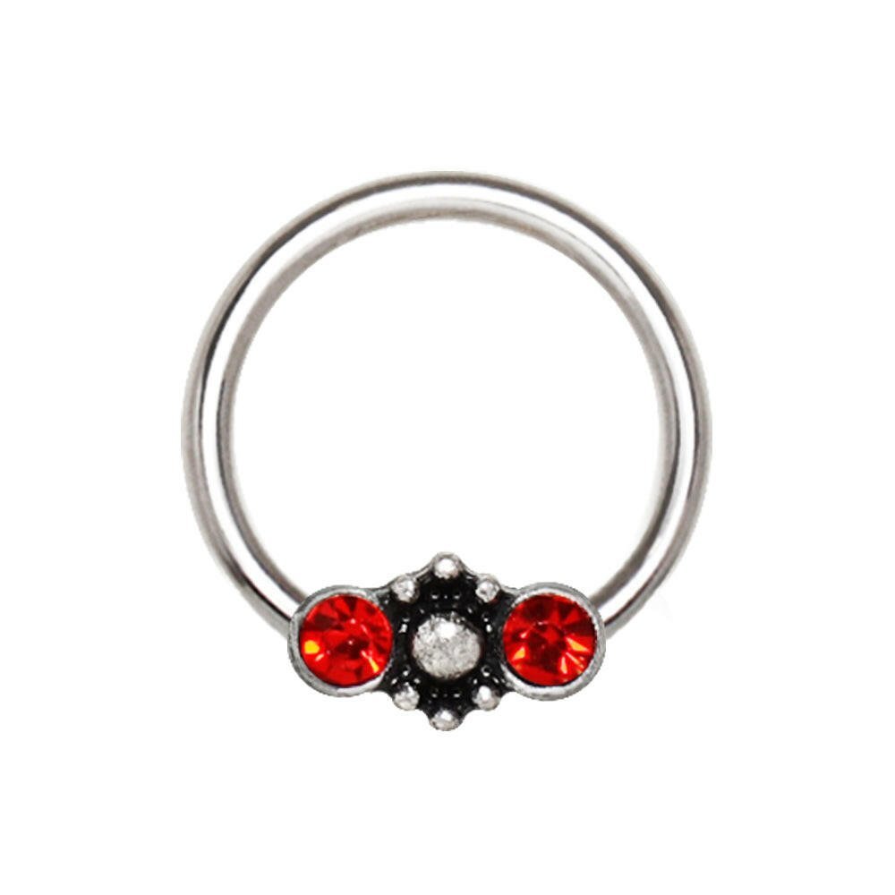 Stainless Steel Red Jeweled Ornate Snap-in Captive Bead Ring / Septum Ring