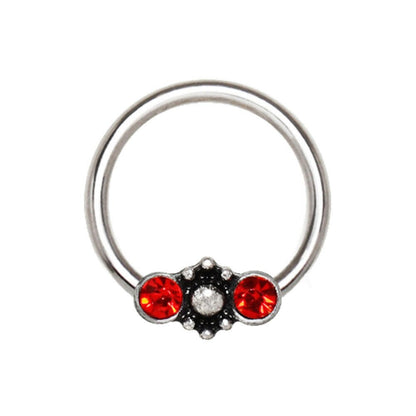 Stainless Steel Red Jeweled Ornate Snap-in Captive Bead Ring / Septum Ring