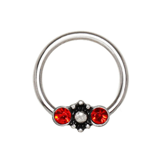 Stainless Steel Red Jeweled Ornate Snap-in Captive Bead Ring / Septum Ring