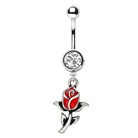 Stainless Steel Red Rose Dangle Navel Ring Navel Ring Impulse Piercings