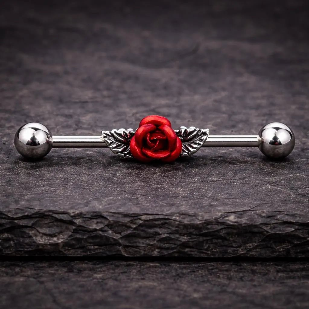 Stainless Steel Red Rose Industrial Barbell Industrial Barbell Impulse Piercings