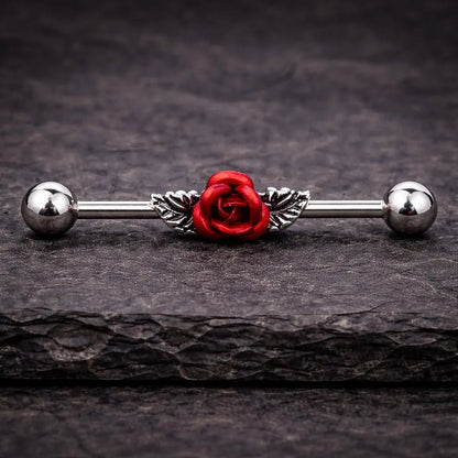 Stainless Steel Red Rose Industrial Barbell Industrial Barbell Impulse Piercings
