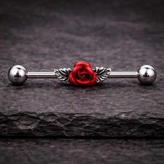 Stainless Steel Red Rose Industrial Barbell Industrial Barbell Impulse Piercings