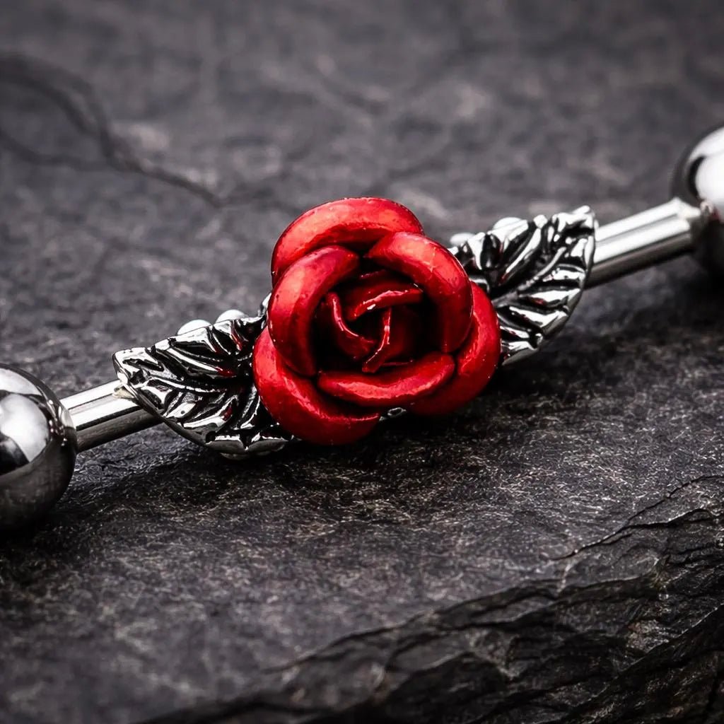 Stainless Steel Red Rose Industrial Barbell Industrial Barbell Impulse Piercings