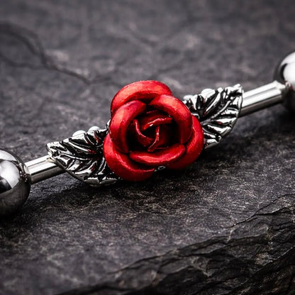 Stainless Steel Red Rose Industrial Barbell Industrial Barbell Impulse Piercings