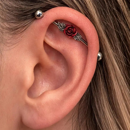 Stainless Steel Red Rose Industrial Barbell Industrial Barbell Impulse Piercings
