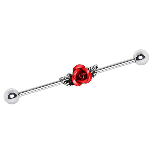 Stainless Steel Red Rose Industrial Barbell Industrial Barbell Impulse Piercings