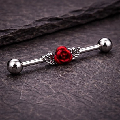 Stainless Steel Red Rose Industrial Barbell Industrial Barbell Impulse Piercings